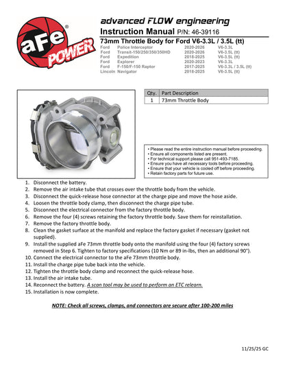 aFe 73mm Throttle Body | Ford F-150/Expedition/Explorer/Transit (15-26) (46-39116)