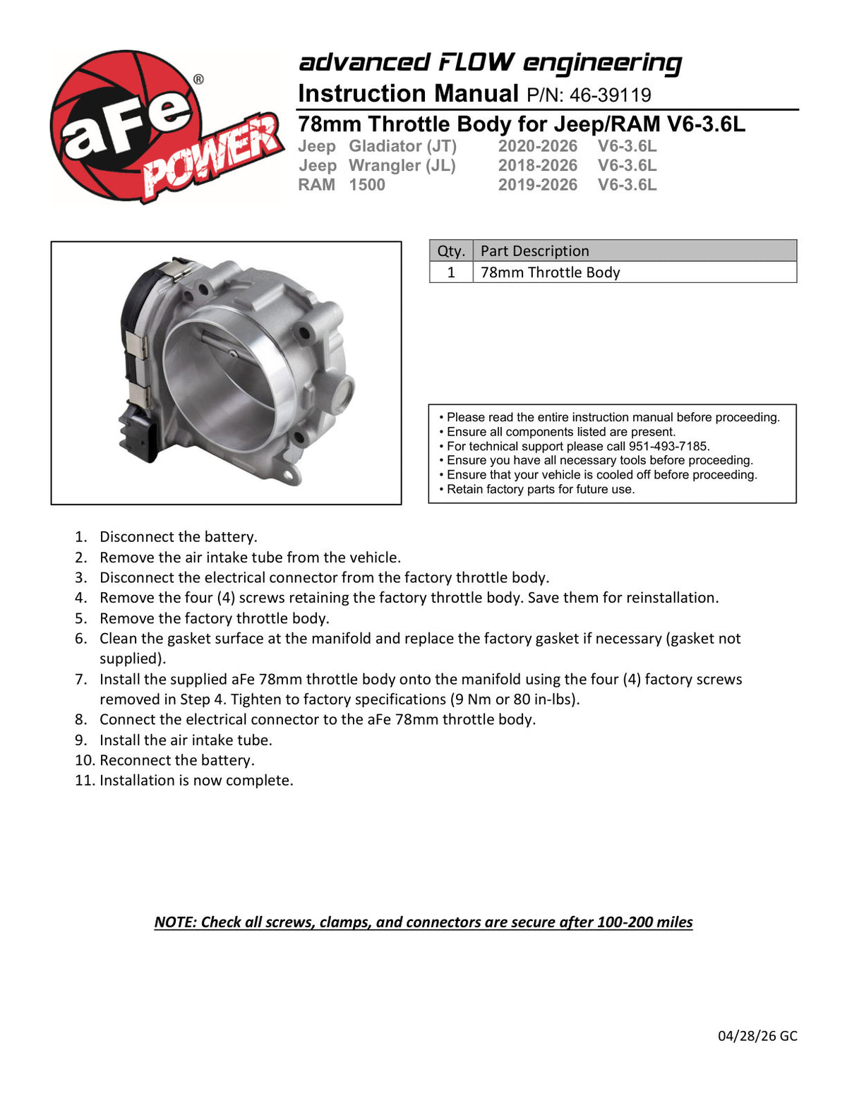 Takeda 46-39119 Fuel Injection Throttle Body 78mm for 18+ Jeep JL/JT/RAM 3.6L