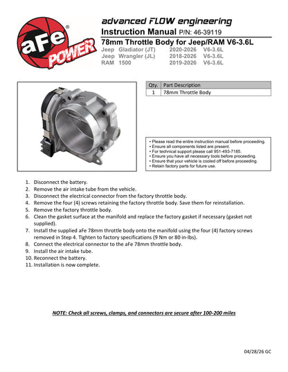 Takeda 46-39119 Fuel Injection Throttle Body 78mm for 18+ Jeep JL/JT/RAM 3.6L