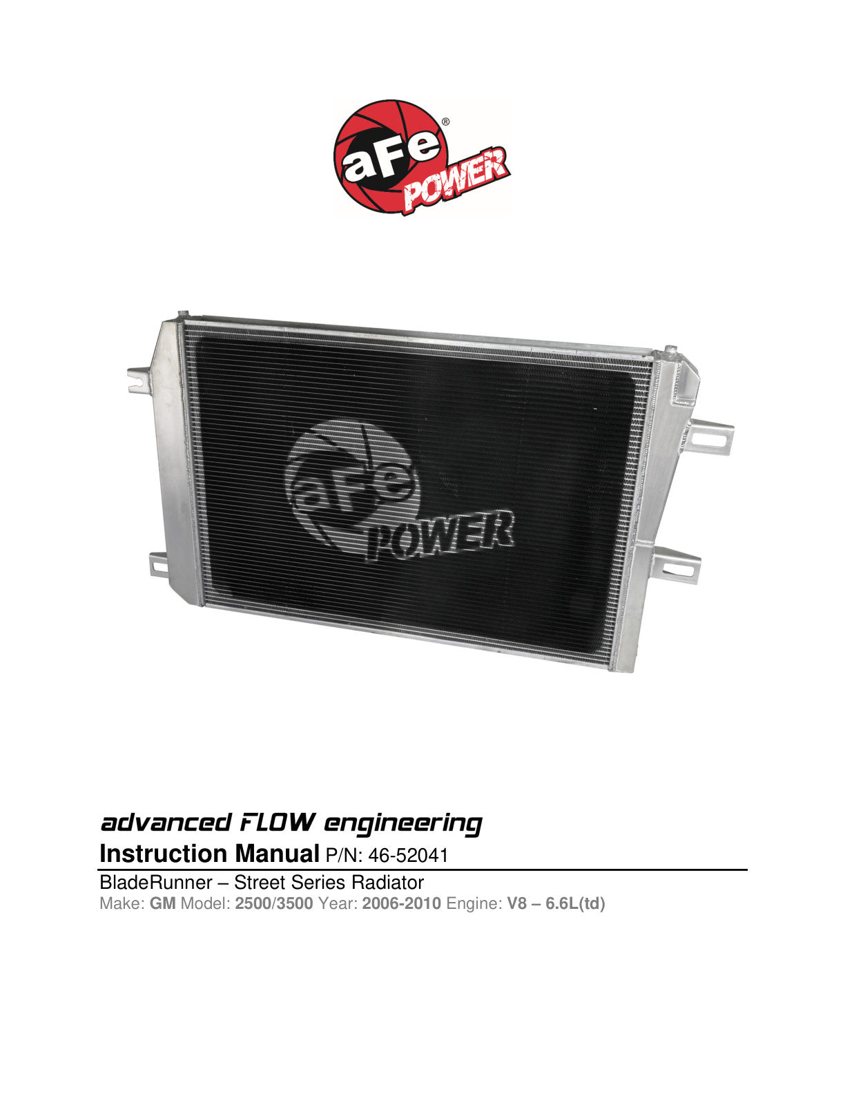 aFe BladeRunner Street Series Aluminum Radiator | GM Diesel 6.6L V8 (06-10) (46-52041)