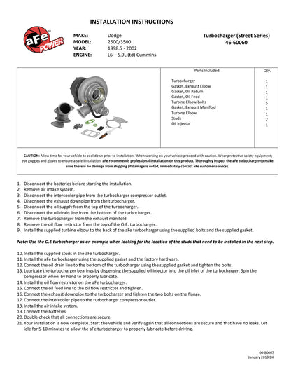 aFe Bladerunner Turbocharger 76mm | Dodge Ram 2500/3500 Van (94-02) (46-60060)