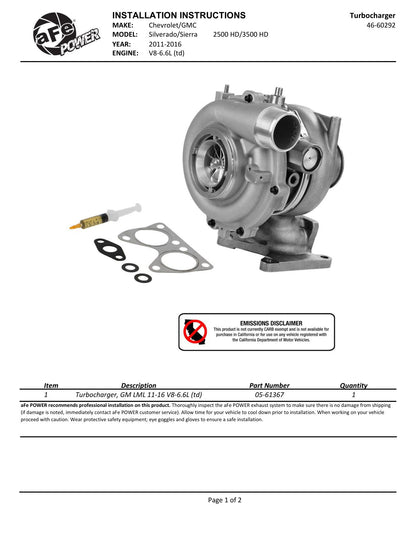 Takeda 46-60292 Turbocharger 88mm for 11-16 Chevrolet/GMC 6.6L LML Duramax