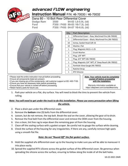 aFe Street Series D&S Rear Diff Cover w/ Machined Fins | Dodge 94-07 Ram 2500/3500 (46-70030)