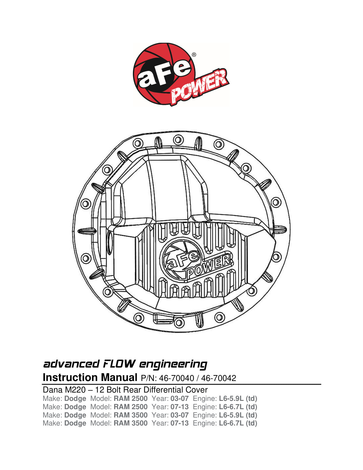 aFe Pro Series Machined Front Diff Cover | Dodge Ram 03-12 L6-5.9/6.7L (46-70042)