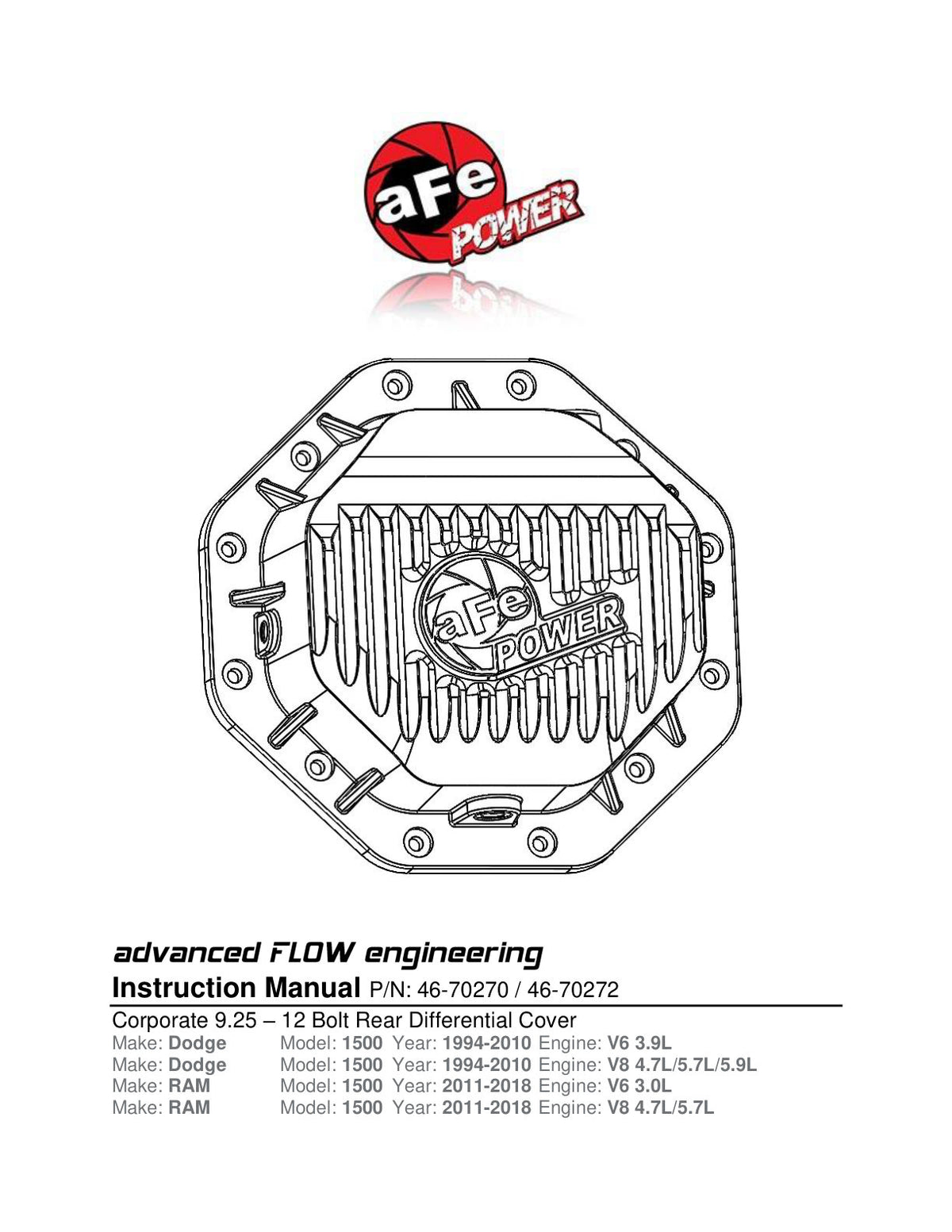 aFe Rear Diff Cover Pro Series | Dodge Ram 94-18/Chevy Express 1500/2500 (46-70270)
