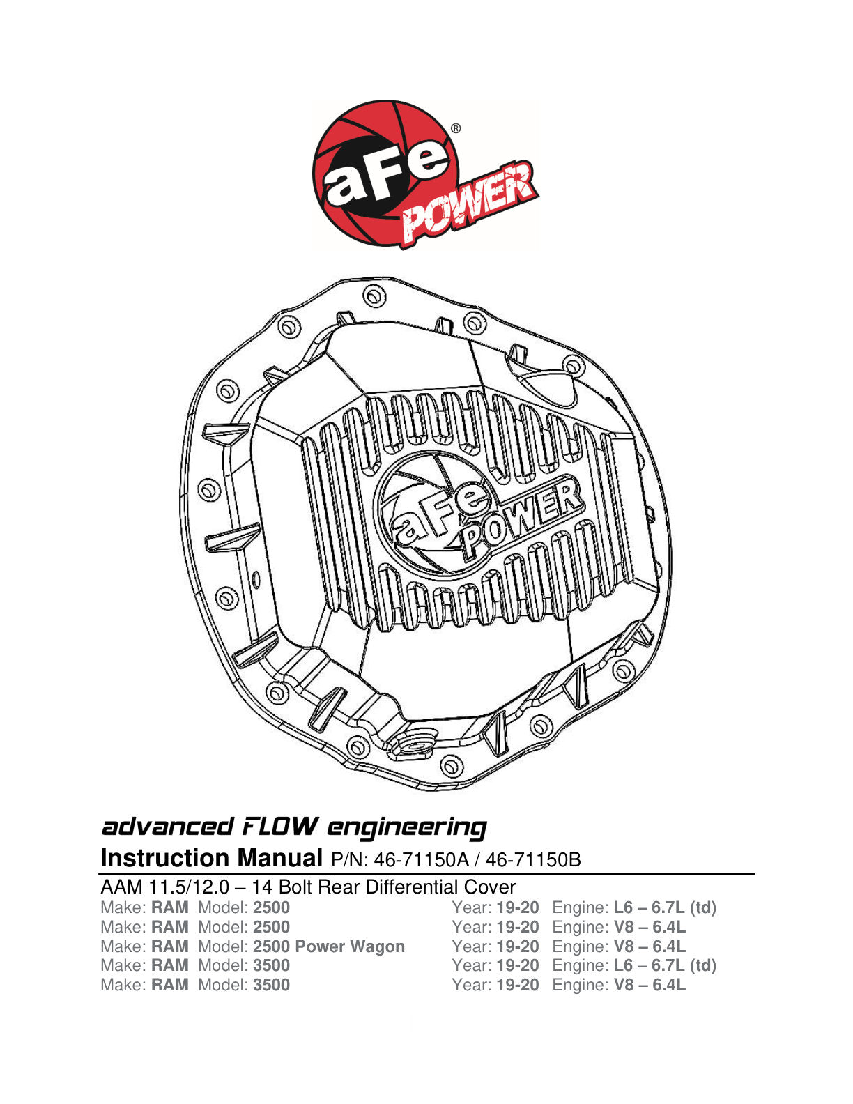 aFe Pro Series Rear Differential Cover w/ Machined Fins Black | Ram 2500/3500 (19-20) (46-71150B)
