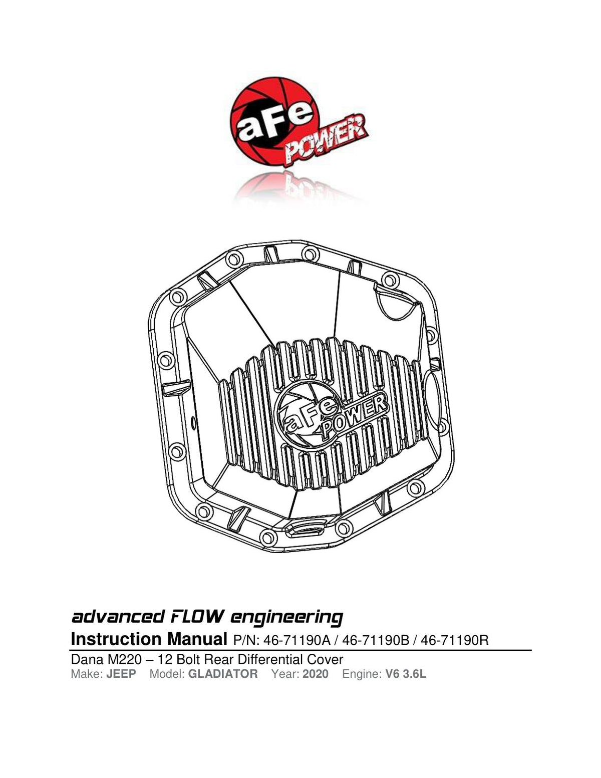 aFe Pro Series Dana M220 Rear Diff Cover w/ Gear Oil Jeep Gladiator (20-23) (46-71191B)