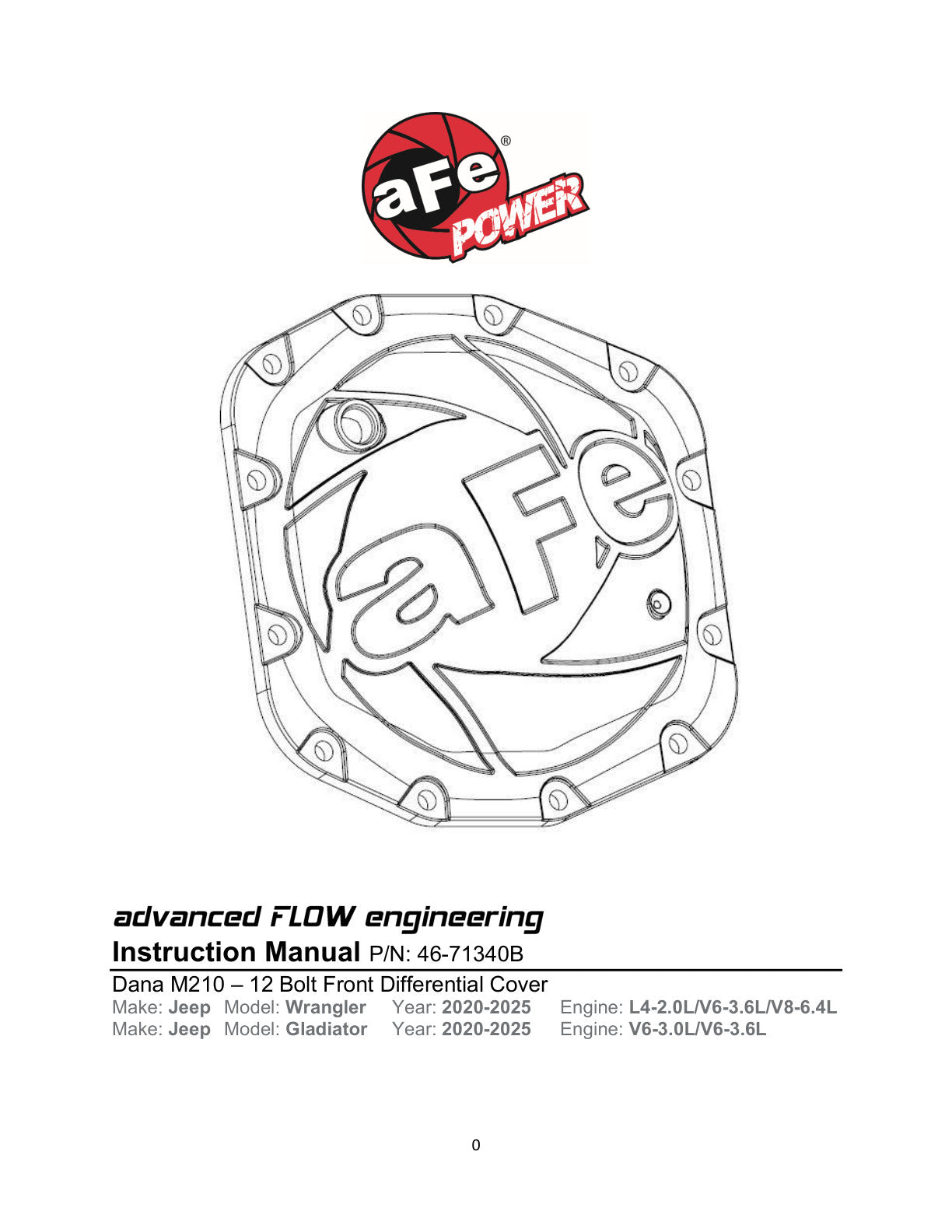 aFe Dana M210 Diff Cover | Jeep Wrangler JK (07-18)/JL/JT (18-26) (46-71340B)