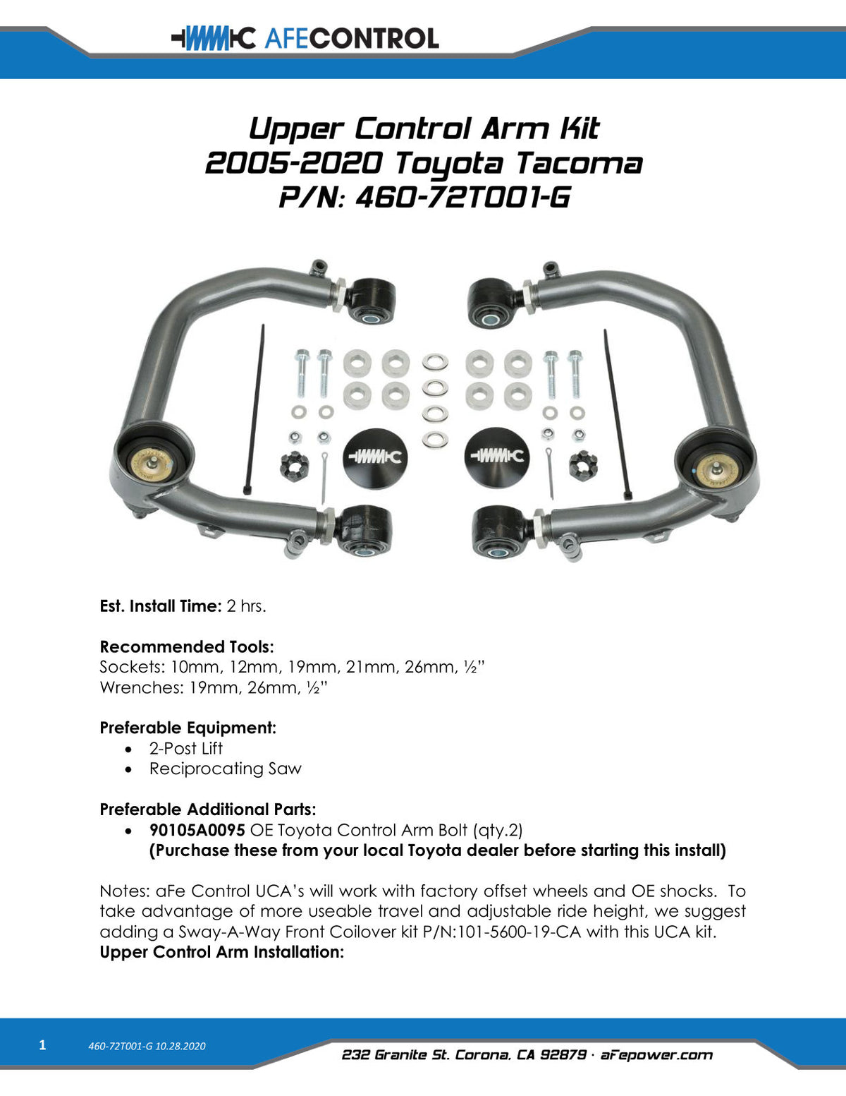 aFe Tubular Ball Joint Upper Control Arm Kit Gray | Toyota Tacoma (05-20) (460-72T001-G)
