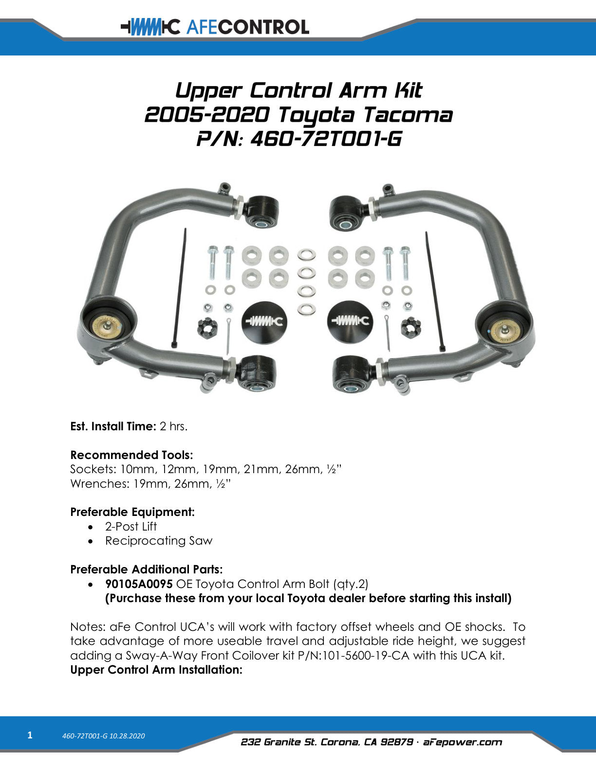 aFe Tubular Ball Joint Upper Control Arm Kit Gray | Toyota Tacoma (05-20) (460-72T001-G)