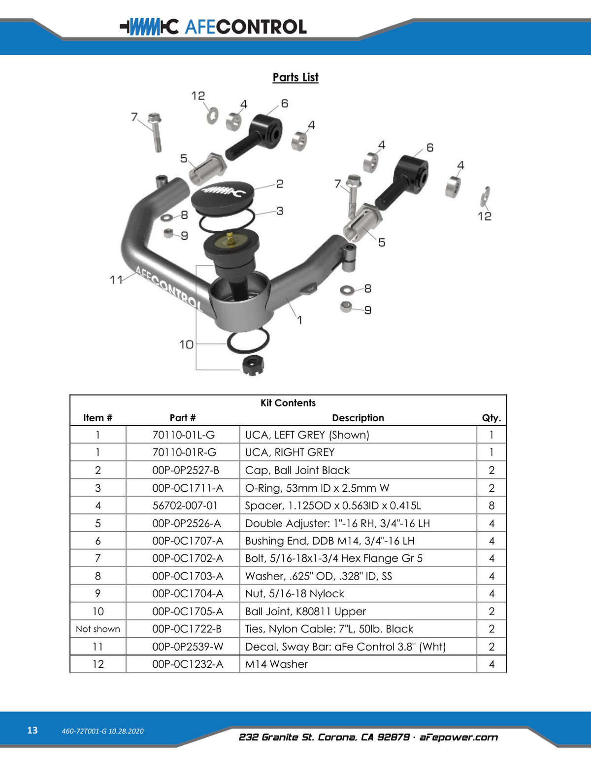 aFe Tubular Ball Joint Upper Control Arm Kit Gray | Toyota Tacoma (05-20) (460-72T001-G)