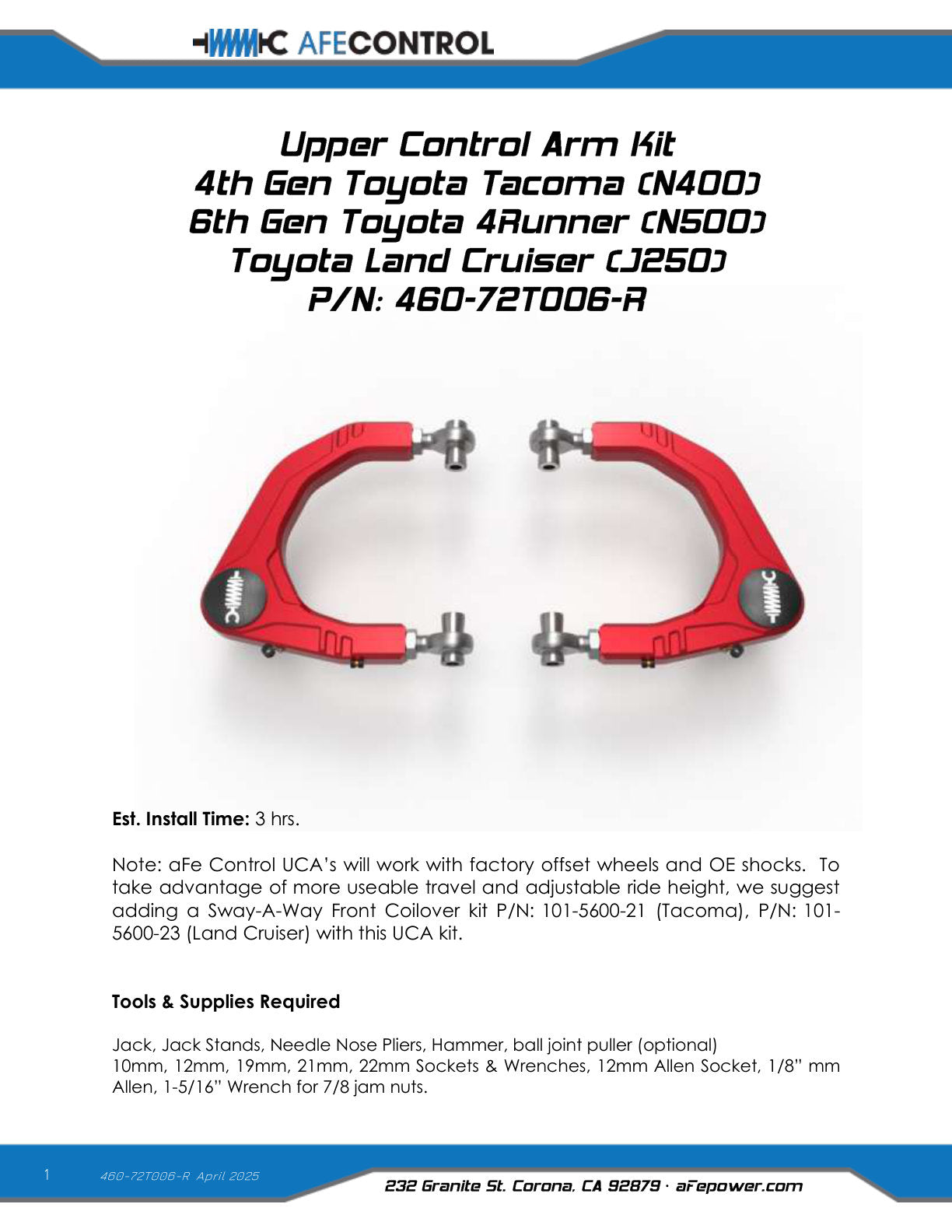 aFe Control Billet Uniball Upper Control Arm Kit | Toyota Tacoma (24-26) (460-72T006-R)