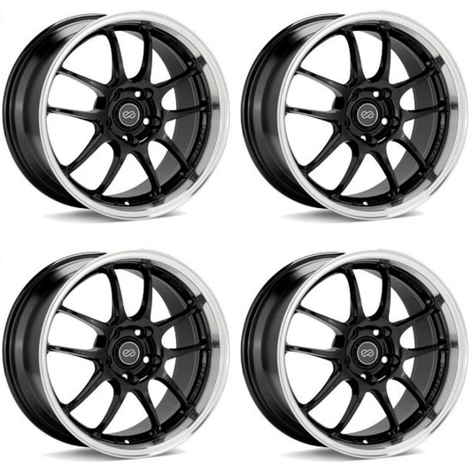 (set of 4) Enkei PF01SS Gloss Black w/ Machined Lip | 17x8" +50mm | 5x114.3mm Wheel