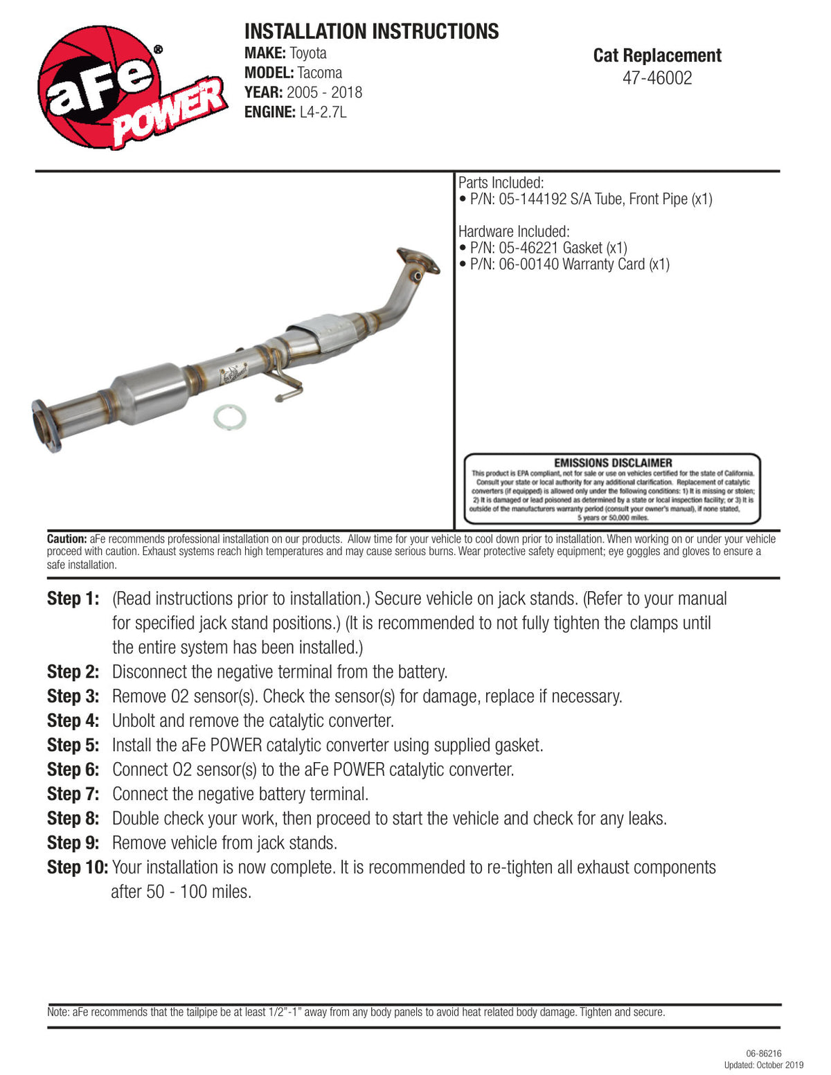aFe SS Direct Fit Cat Converter Replacement | Toyota Tacoma L4-2.7L (05-12) (47-46002)