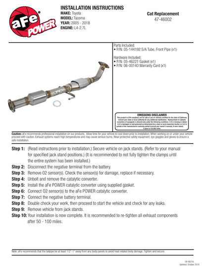 aFe SS Direct Fit Cat Converter Replacement | Toyota Tacoma L4-2.7L (05-12) (47-46002)