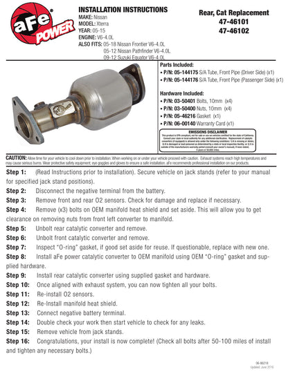 aFe Power Direct Fit Catalytic Converter Replacements Front Left Side 05-11 Nissan Xterra V6 4.0L