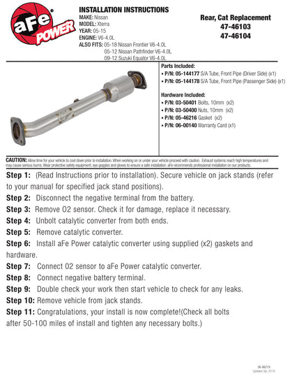 aFe Power Direct Fit Catalytic Converter Replacements Rear Left Side 05-11 Nissan Xterra V6 4.0L