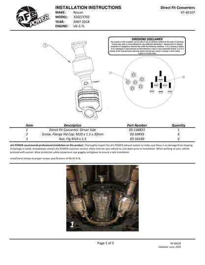 aFe Driver Side Cat Converter | Nissan 350Z/370Z/Infiniti G37/FX50/EX37 (07-23) (47-46107)