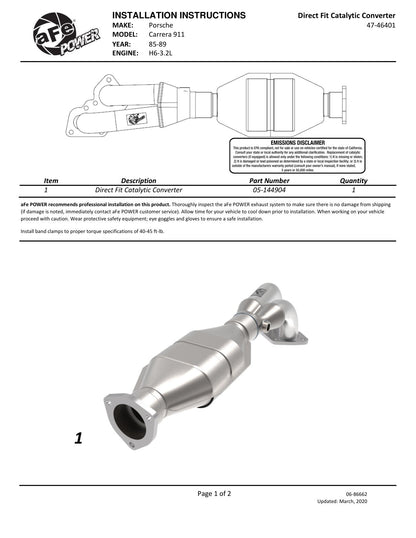 aFe Power Direct Fit 409 SS Catalytic Converter 84-89 Porsche Carrera 911 H6-3.2L
