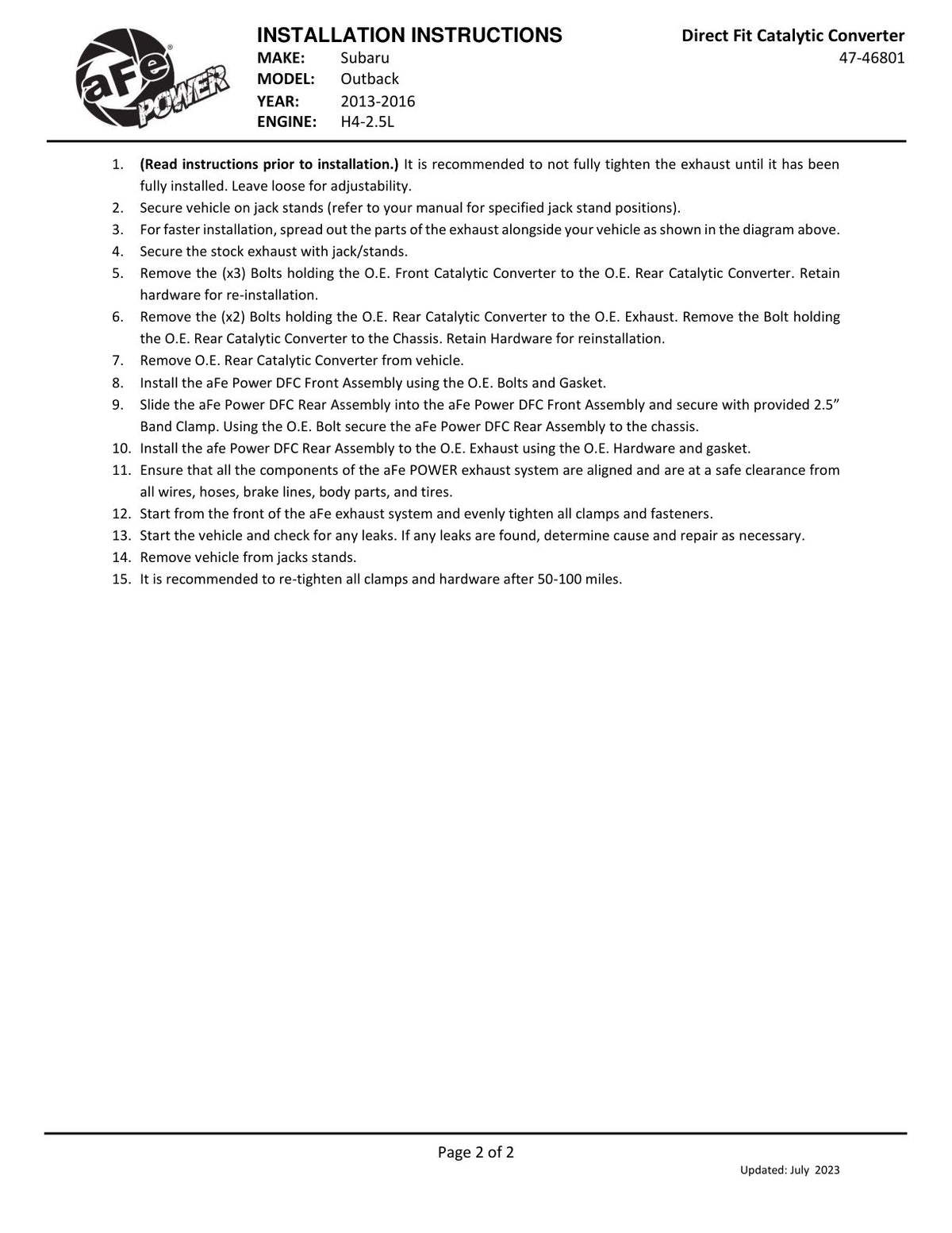 aFe Catalytic Converter | Subaru Outback/Legacy XV (09-23) (47-46801)