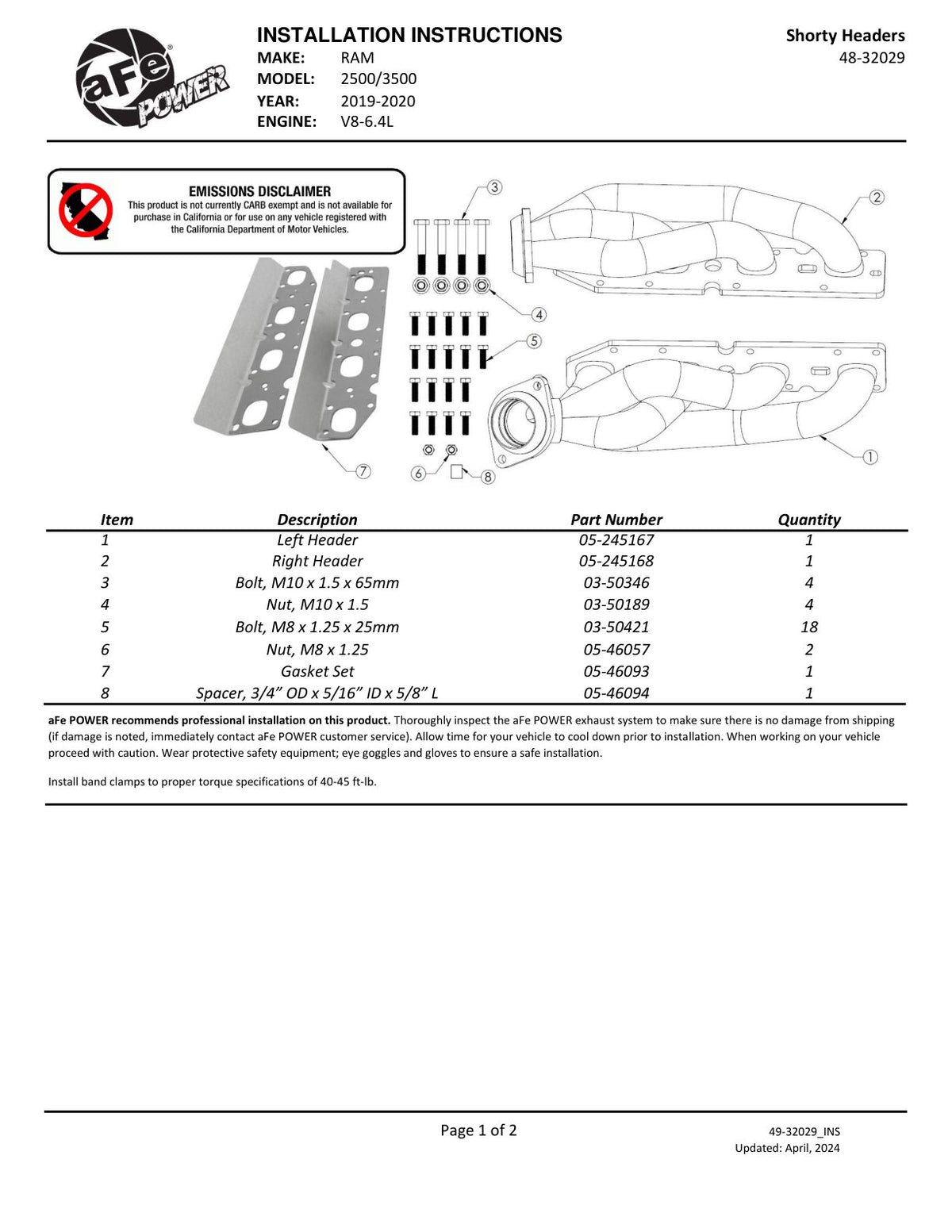 aFe Twisted Steel 304SS Shorty Header | Dodge Ram 1500/2500/3500 V8-6.4L (19-26) (48-32029)