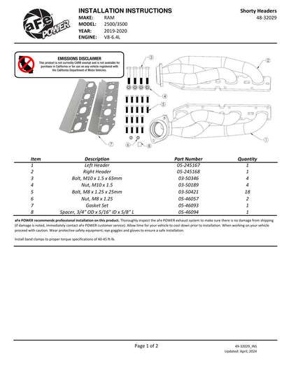 aFe Twisted Steel 304SS Shorty Header | Dodge Ram 1500/2500/3500 V8-6.4L (19-26) (48-32029)