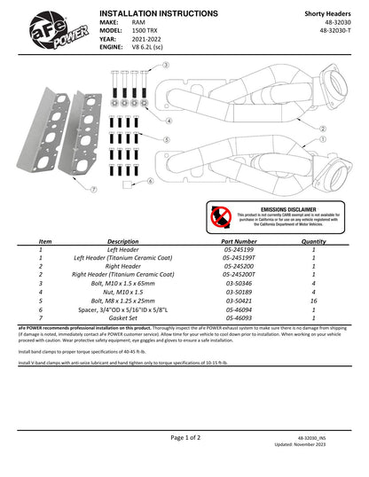 aFe Power Twisted Steel 304SS Shorty Header | Ram 1500 TRX V8-6.2L (48-32030-T)