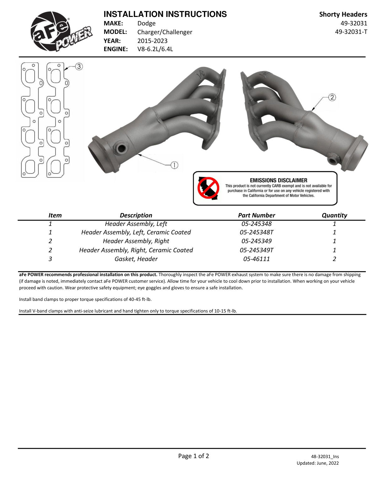 aFe Twisted Steel 304SS Short Header 15-22 Dodge Challenger SC V8-6.2L / 6.4L HEMI Titanium Coating