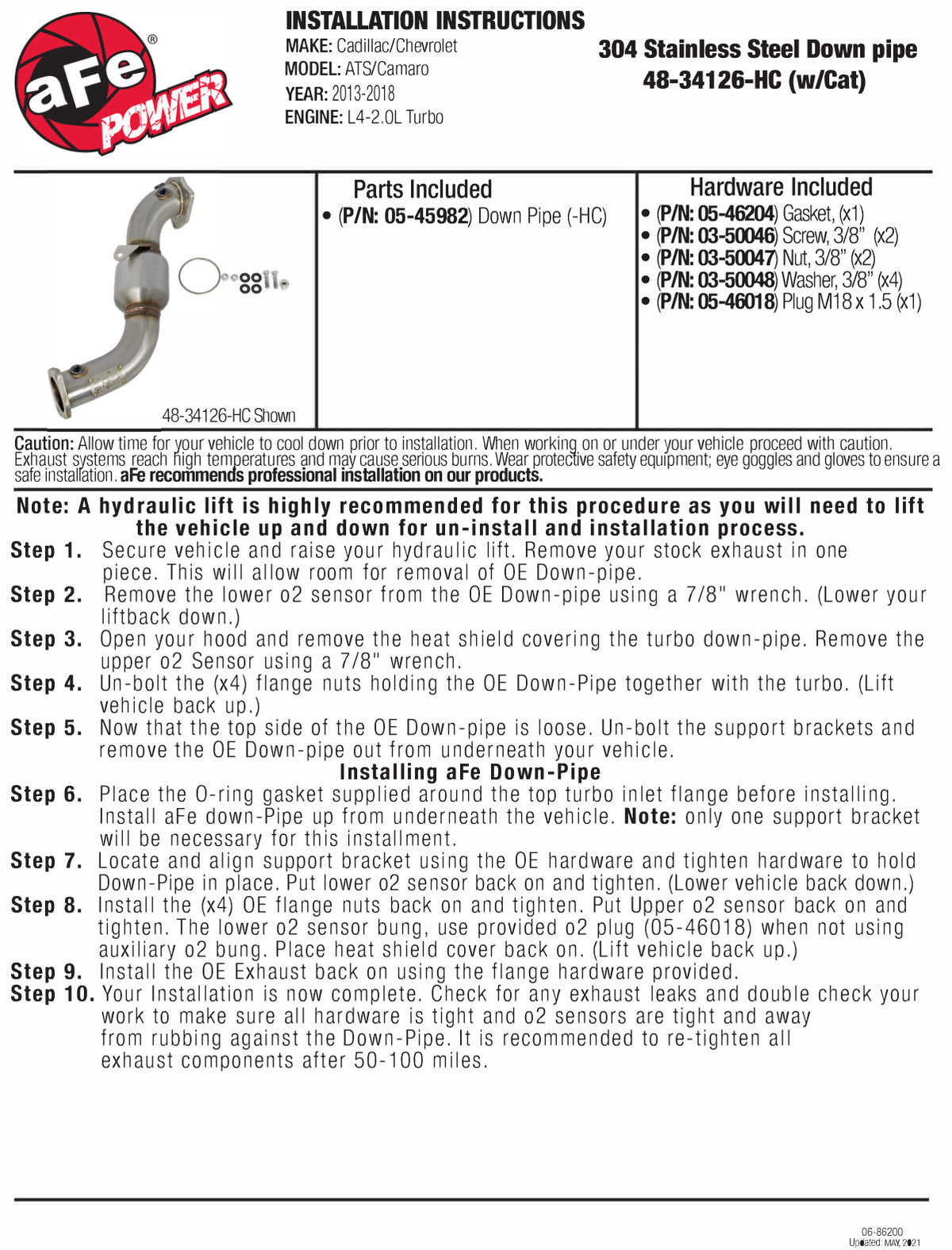 aFe Twisted Steel Down-Pipe Catted | Cadillac ATS 13-16/15-19, Camaro 16-26 (48-34126-HC)
