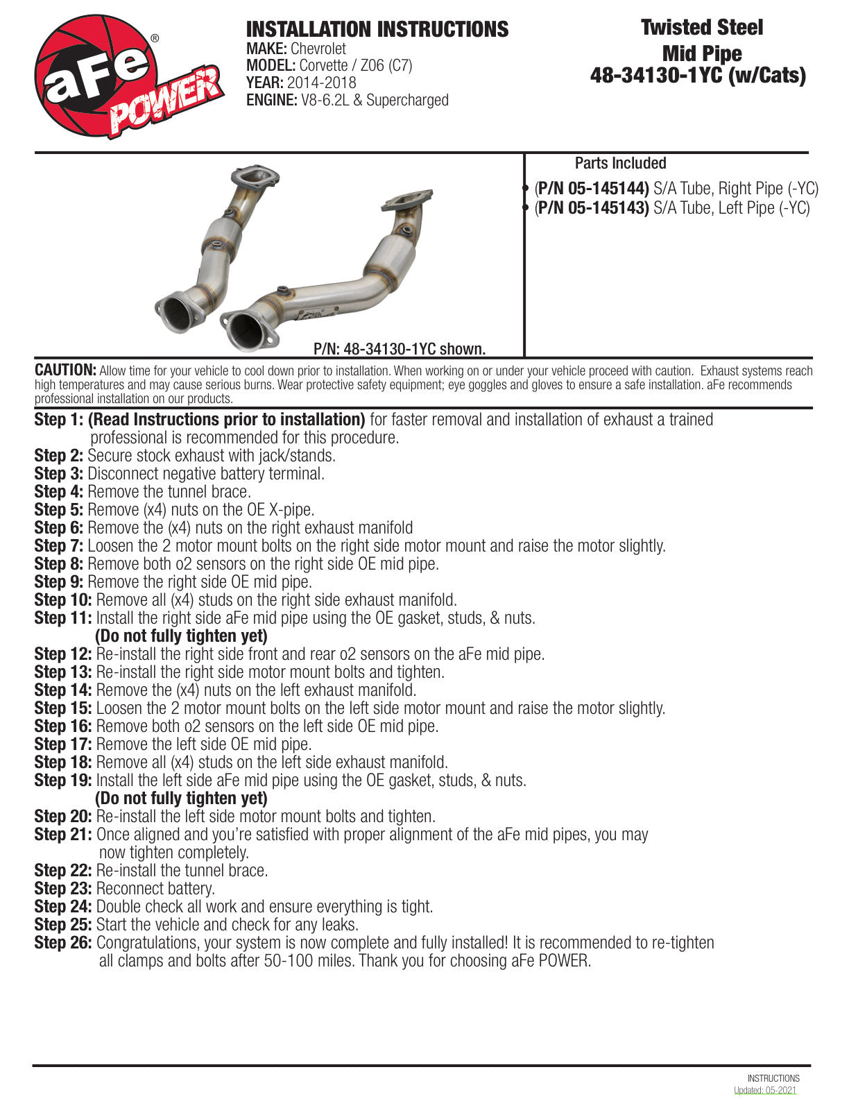 aFe 14-18 Corvette C7/Z06 Twisted Steel 3in SS Mid Pipe w/ Cat (48-34130-1YC)