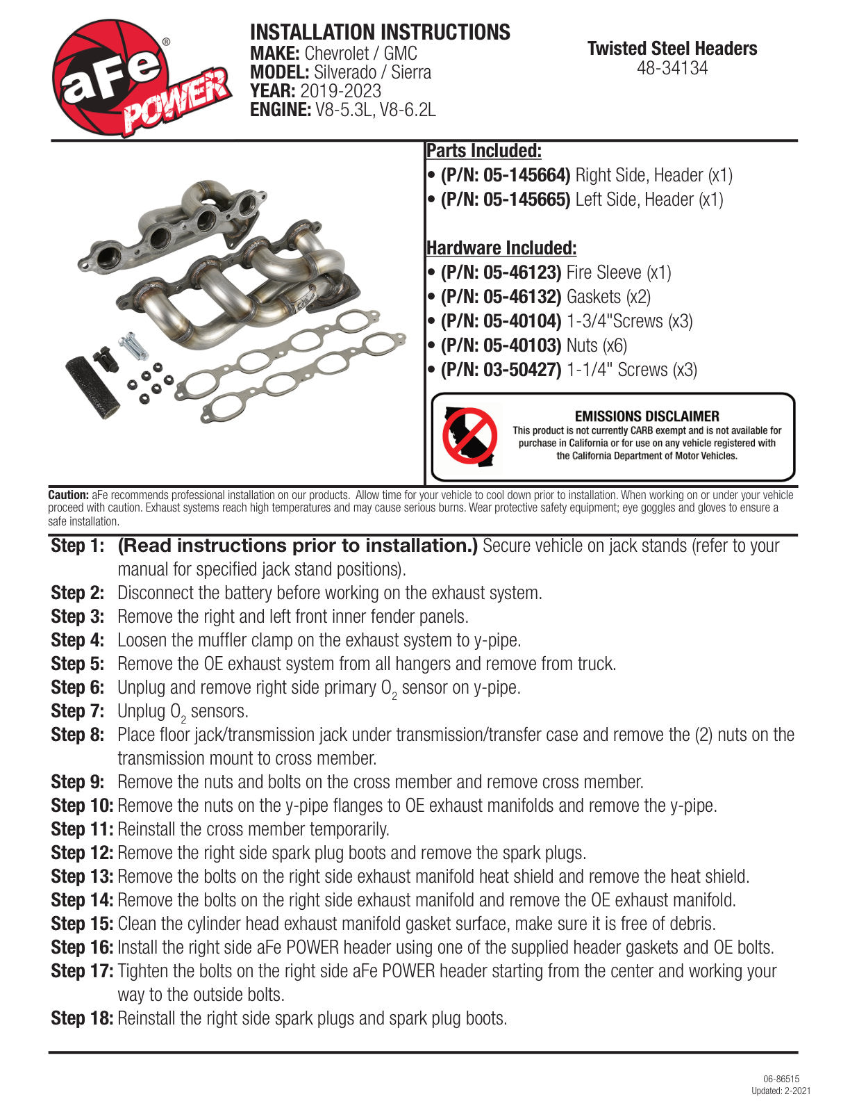 aFe Twisted Steel 1-3/4in 304SS Shorty Headers | GM Silverado/Sierra 1500 V8-5.3L/6.2L (19+) (48-34134)