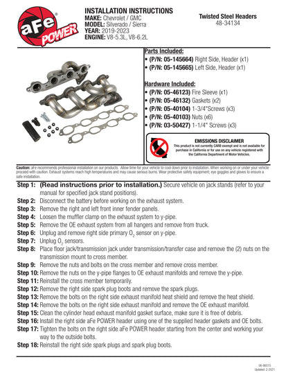 aFe Twisted Steel 1-3/4in 304SS Shorty Headers | GM Silverado/Sierra 1500 V8-5.3L/6.2L (19+) (48-34134)