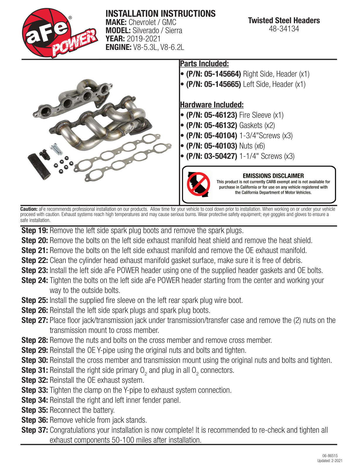 aFe Twisted Steel 1-3/4in 304SS Shorty Headers | GM Silverado/Sierra 1500 V8-5.3L/6.2L (19+) (48-34134)