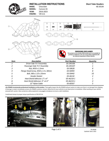 aFe Twisted SS Shorty Header | Chevy Camaro SS 6.2L V8 (16-21) (48-34144)