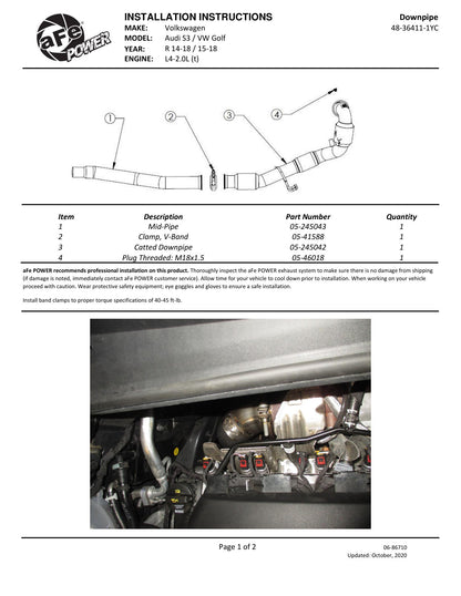 aFe Twisted Steel 3in SS Down Pipe w/ Cat | VW Golf R MKVII/Volkswagen R (13-20) (48-36411-1YC)