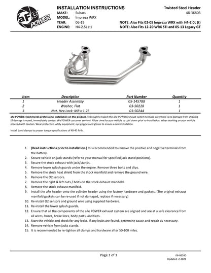 aFe Power Twisted Steel Long Tube Header 02-19 Subaru Impreza WRX/STI/Legacy (Unequal Length)