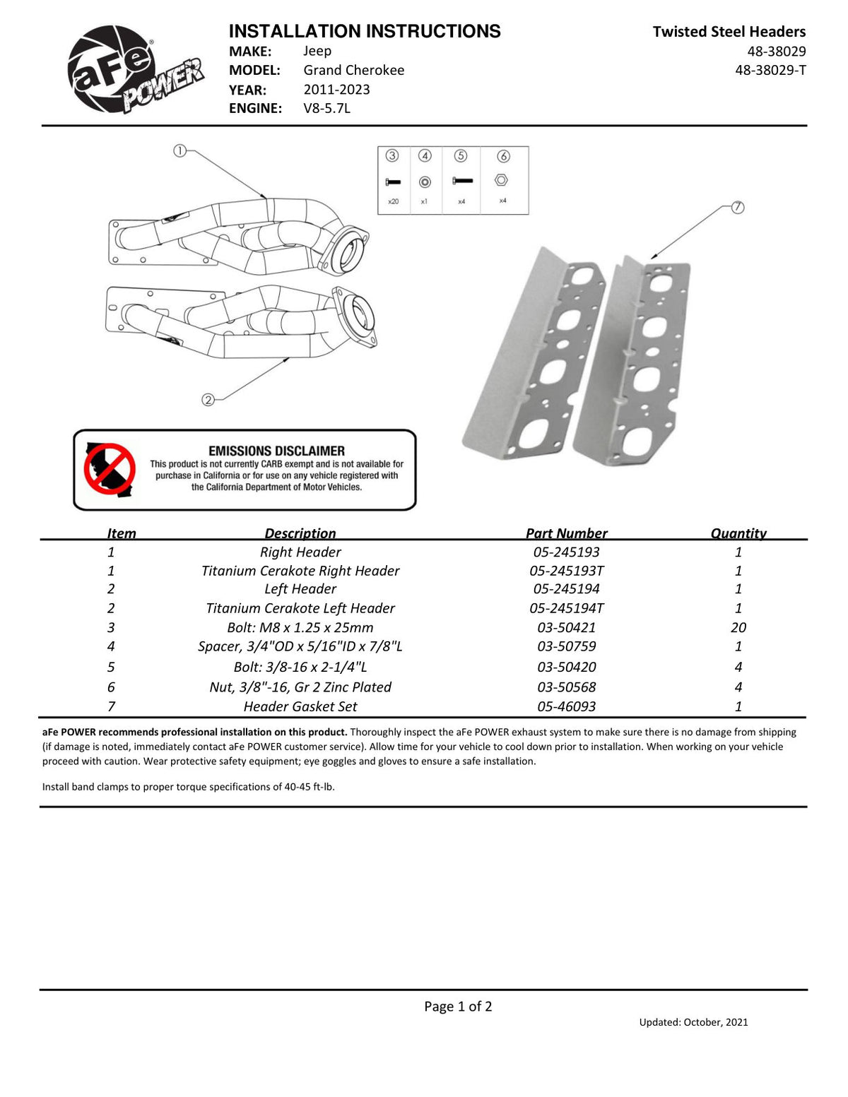 aFe Twisted Steel 11-21 Jeep Grand Cherokee WK2 5.7L V8 Titanium Headers Ceramic Coated (48-38029-T)