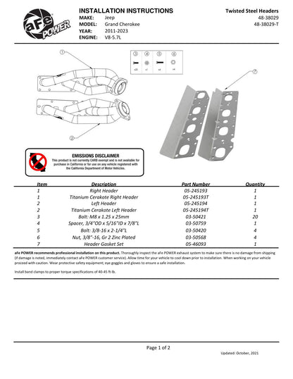 aFe Twisted Steel 11-21 Jeep Grand Cherokee WK2 5.7L V8 Titanium Headers Ceramic Coated (48-38029-T)