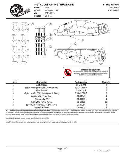 aFe Twisted Steel Headers Titanium Cerakote | Jeep Wrangler 18-26 JL 6.4L (48-38031-T)