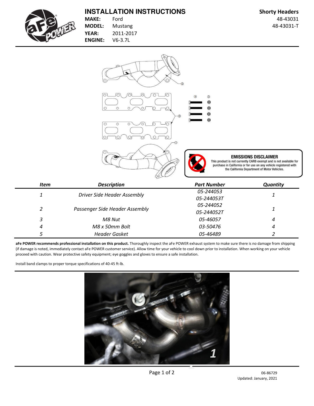 aFe Twisted Steel Shorty Header | Ford Mustang 05-23 V6 3.7L (48-43031-T)