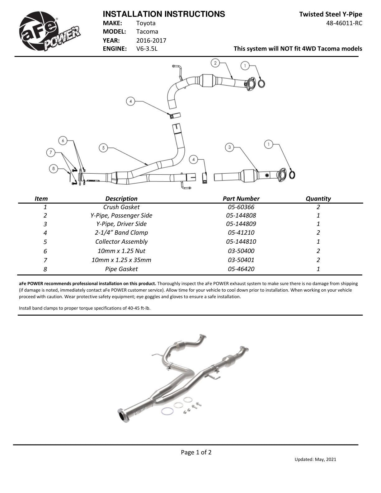aFe Y-Pipe w/ Cat | Toyota Tacoma (16-23) (48-46011-RC)