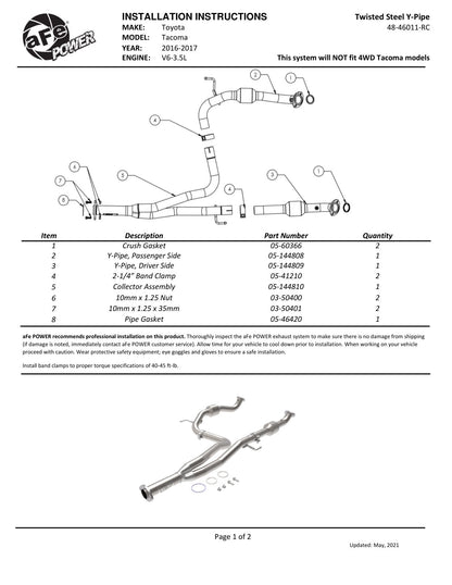 aFe Y-Pipe w/ Cat | Toyota Tacoma (16-23) (48-46011-RC)