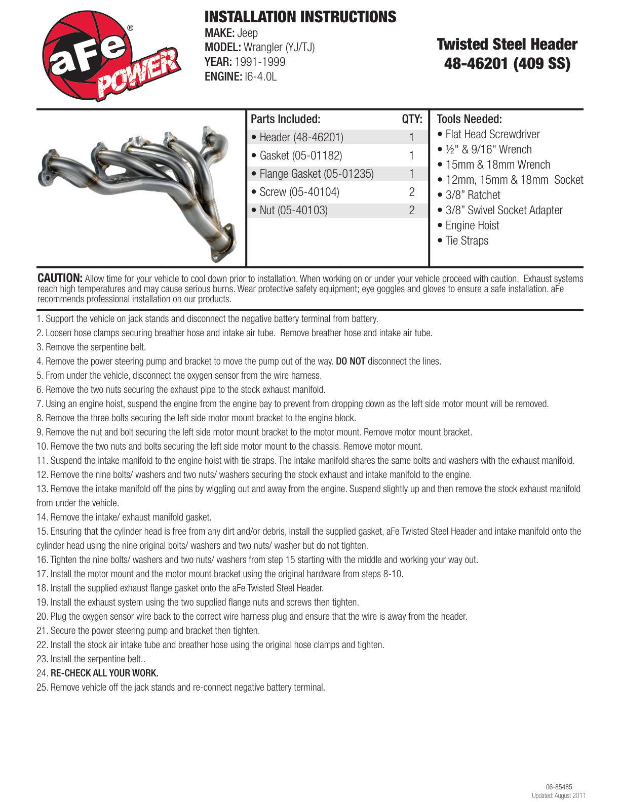 aFe Twisted Steel 409 Stainless Steel Shorty Header | Jeep Wrangler YJ (91-99) I6-4.0L (48-46201)