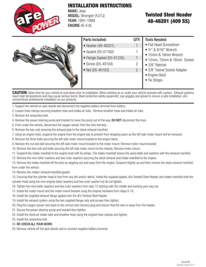 aFe Twisted Steel 409 Stainless Steel Shorty Header | Jeep Wrangler YJ (91-99) I6-4.0L (48-46201)