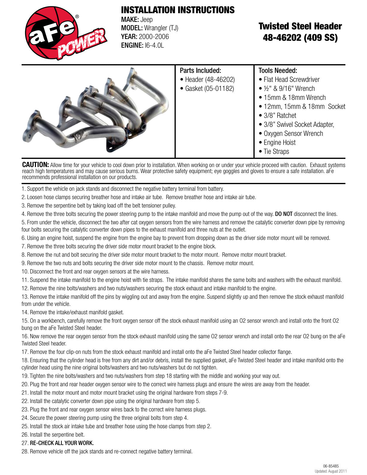 aFe Twisted Steel 409 SS Short Tube Header | Jeep TJ I6-4.0L (00-06) (48-46202)