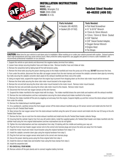 aFe Twisted Steel 409 SS Short Tube Header | Jeep TJ I6-4.0L (00-06) (48-46202)