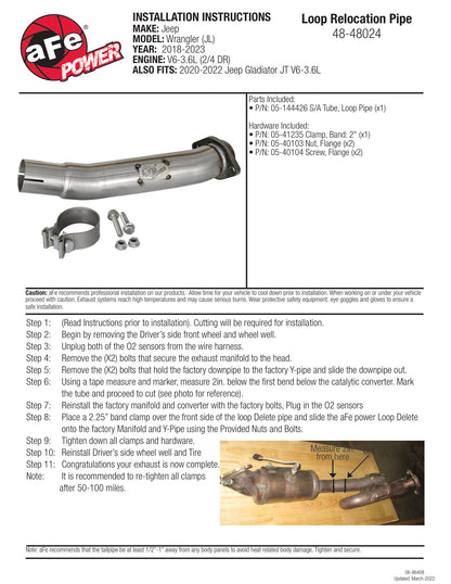 aFe Twisted Steel 2in SS Loop Delete Down-Pipe | Jeep JL/Gladiator (18+) (48-48024)