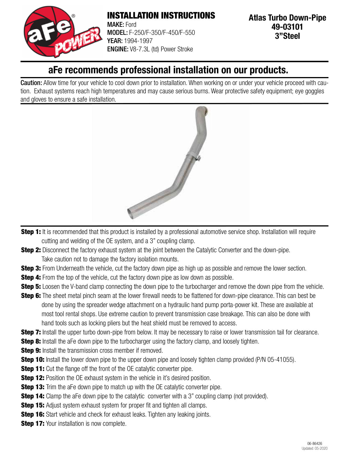 aFe ATLAS 3in Steel Down-Pipe 94-97 Ford Diesel Trucks V8 7.3L (td)