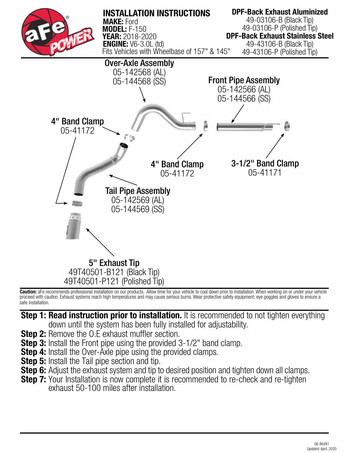 aFe Atlas 4in Aluminized Steel DPF-Back Exh 18-19 Ford F-150 V6-3.0L (td) w/ Polished Tip