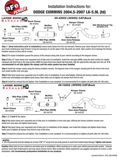 aFe Large Bore-HD 4in 409 SS Cat-Back Exhaust w/o Tip | Dodge 04.5-07 (49-12002)